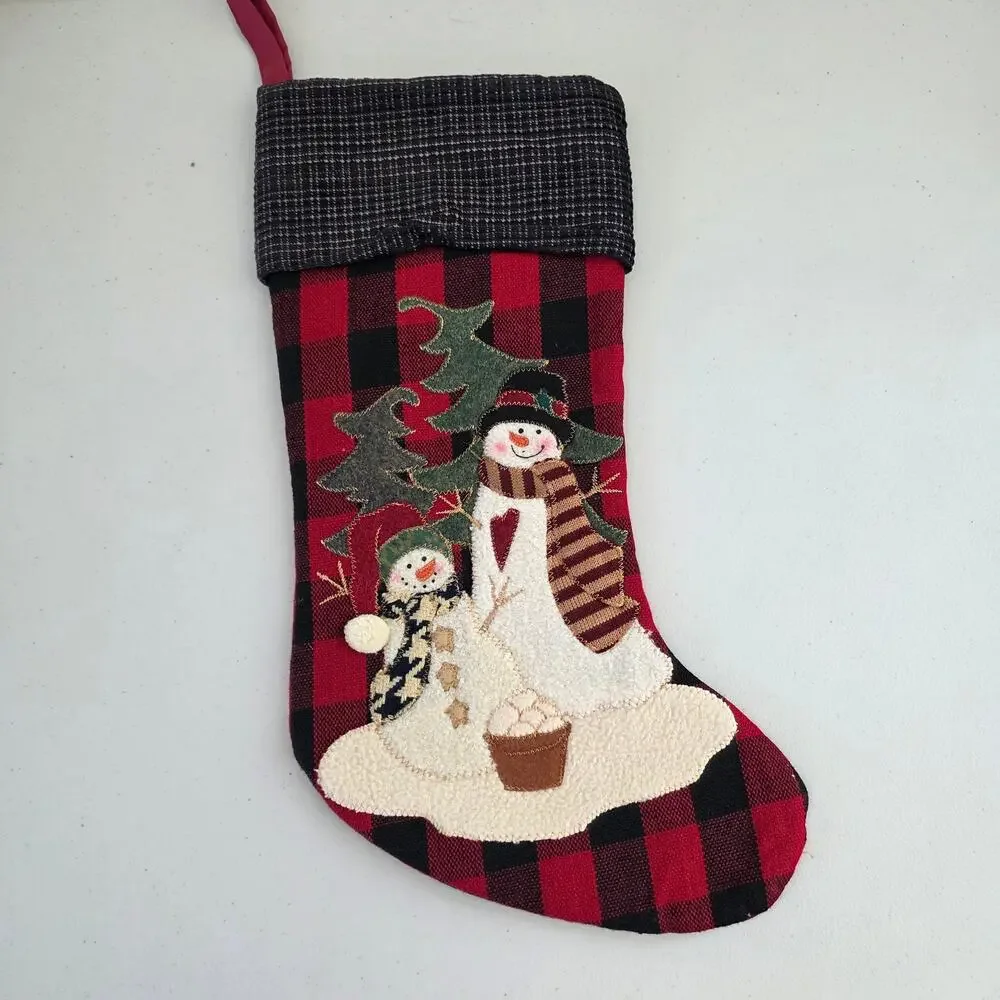 Plaid Christmas Stockings Set of 2 Snowman Applique Faux Fur Rustic Farmhouse
